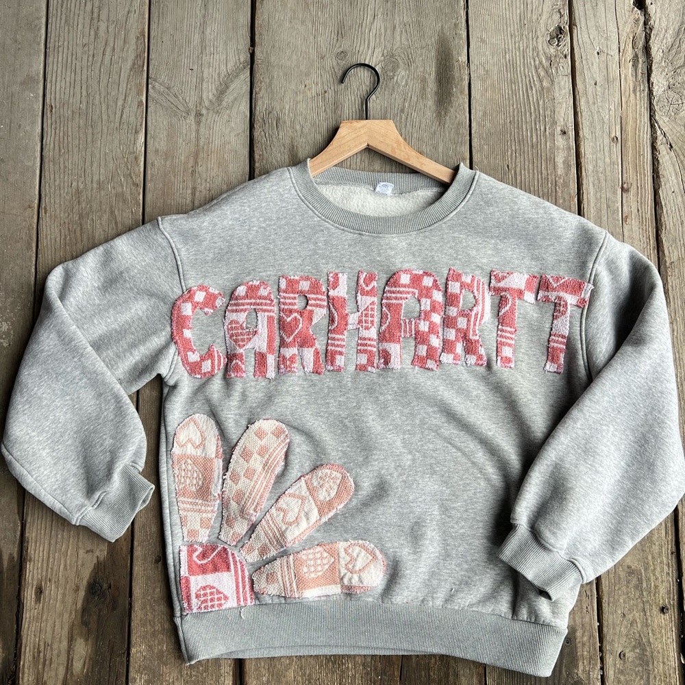 Custom one of a kind Carhartt Flannel Crewneck Sweatshirt Up cycled Patchwork